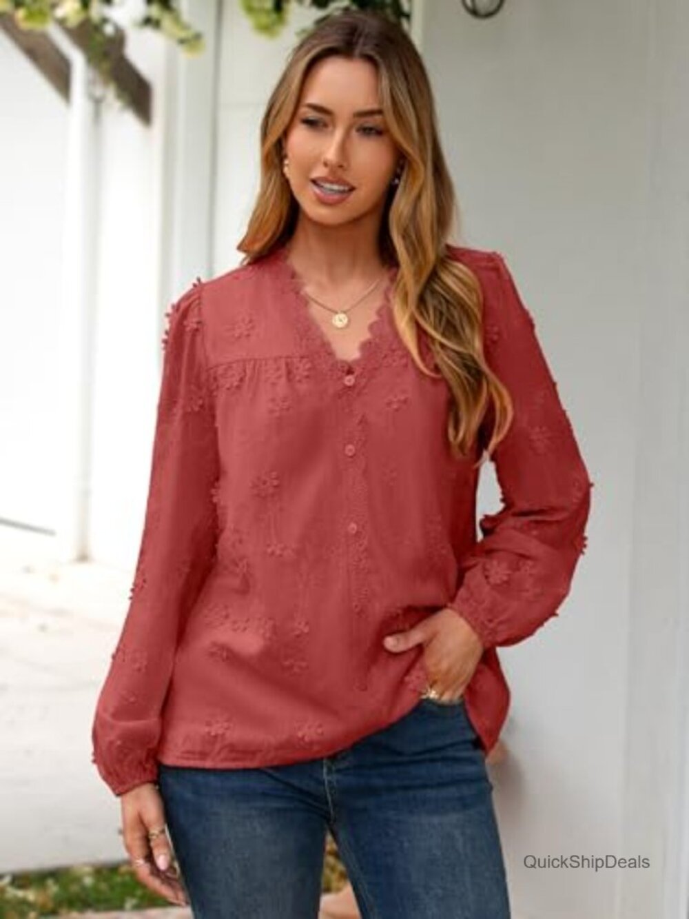 Women's 3D Floral Embroidered Blouse V Neck Button Lace Long Sleeve Boho Top - Picture 2 of 6